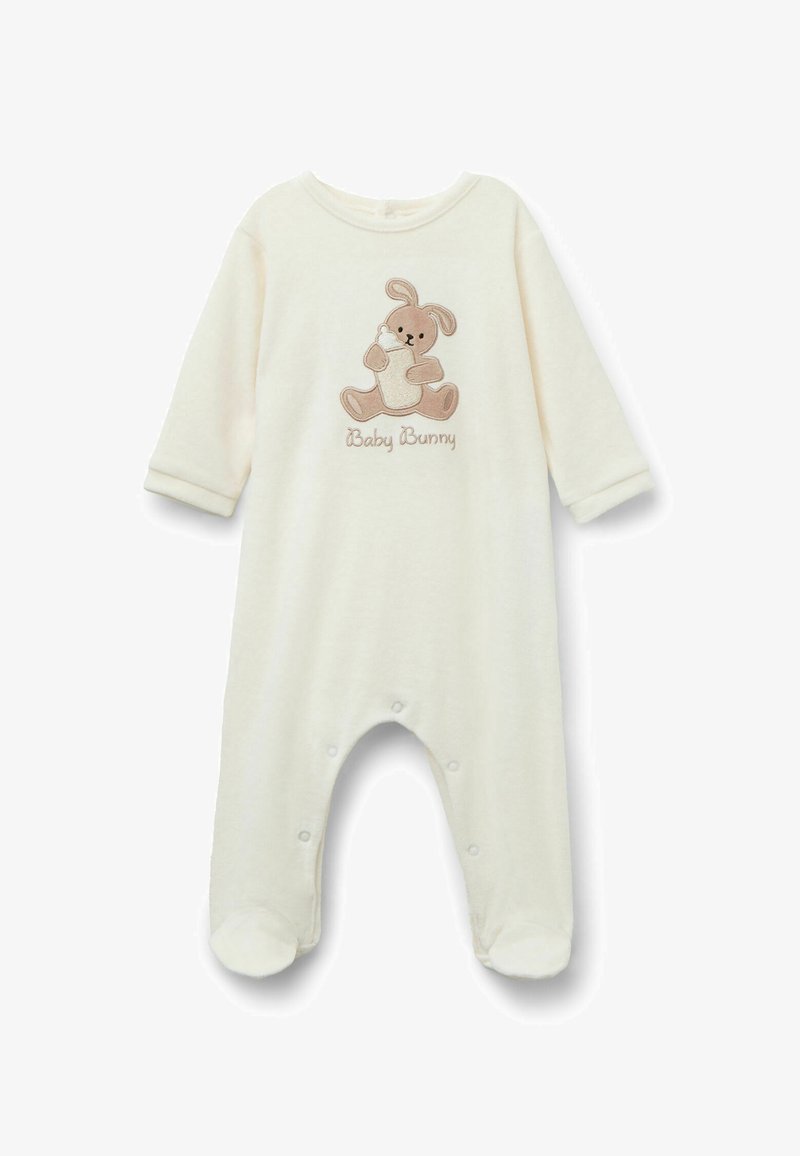 Krémová dětská kombinéza vyrobená z měkké tkaniny, s dlouhými rukávy, nohavicemi s póly a výšivkou zajíčka se textem "Baby Bunny".
