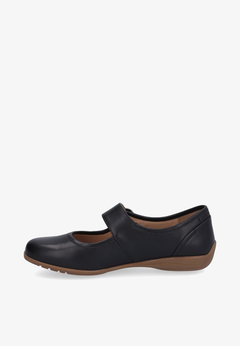 Schwarzer Leder-Mary-Jane-Schuh mit runder Zehe, einem breiten Riemen über dem Spann und einem niedrigen Gummihoch. Glatte Textur und unterstützendes Design.