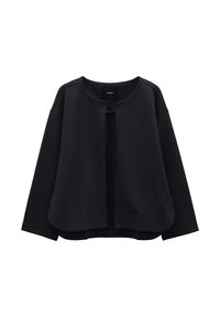 Svart, oversize-jacka i slät tyg, med rund krage, öppen front och två frampocket, med en avslappnad passform.