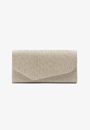 Beige gestructureerde clutch met klepsluiting en subtiel geometrisch patroon, afgebeeld tegen een witte achtergrond.