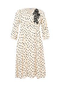Crème midi-jurk met zwarte stippen, driekwart mouwen, V-hals en zwarte bloemenkant appliqué op de linkerschouder.