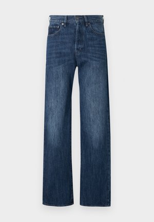 Blue denim wide-leg jeans with a smooth texture, five-pocket design, and button closure. Features slightly faded areas for added detail.