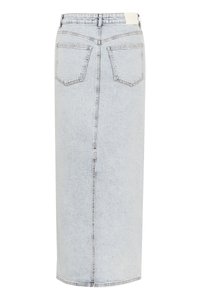 Lyseblå denimskjørt med rett snitt, to baklommer og midtfald. Har et standard liv med et lite merke.