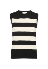 Black and white striped sleeveless top, featuring a round neckline, soft texture, and a loose fit. No visible hardware or accents.
