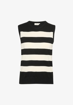 Čierno-biely pruhovaný tielko bez rukávov, s okrúhlym výstrihom, mäkkou textúrou a voľným strihom. Žiadne viditeľné kovania ani akcenty.