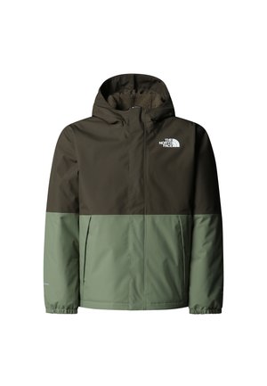 Wodoodporna kurtka z brązową górną częścią i jasnorzieloną dolną częścią. Posiada kaptur i elastyczne mankiety. Miękka podszewka wewnętrzna.