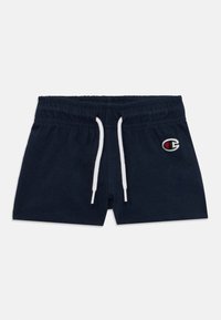 Pantaloni corti blu navy in cotone, con elastico in vita e cordini bianchi, e un piccolo logo ricamato sul lato sinistro anteriore.