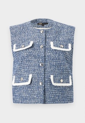 Αμάνικο μπλε και λευκό υφασμάτινο γιλέκο από τουίντ με ασημένια κουμπιά και τέσσερις τσέπες με λευκή επένδυση, στρογγυλή λαιμόκοψη, επίπεδη παρουσίαση.