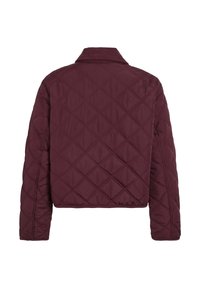 Burgundy quilted jacket with a rounded collar, diamond-shaped stitching, and ribbed cuffs, featuring a cropped design.