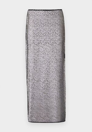 Long, fitted skirt in sheer silver fabric with a subtle pattern and sparkling accents. Features a black waistband and hem.
