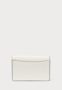 White textured cardholder with a flap closure, featuring subtle stitching and a debossed logo on the front. Compact and rectangular shape.