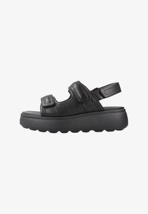 Black leather sandal with thick cushioned sole, two adjustable front straps, and an adjustable heel strap for secure fit.