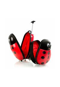 Valigia rossa a rotelle progettata come una coccinella, con esterno lucido, dettagli neri e pois. Si apre per rivelare una fodera interna rossa.