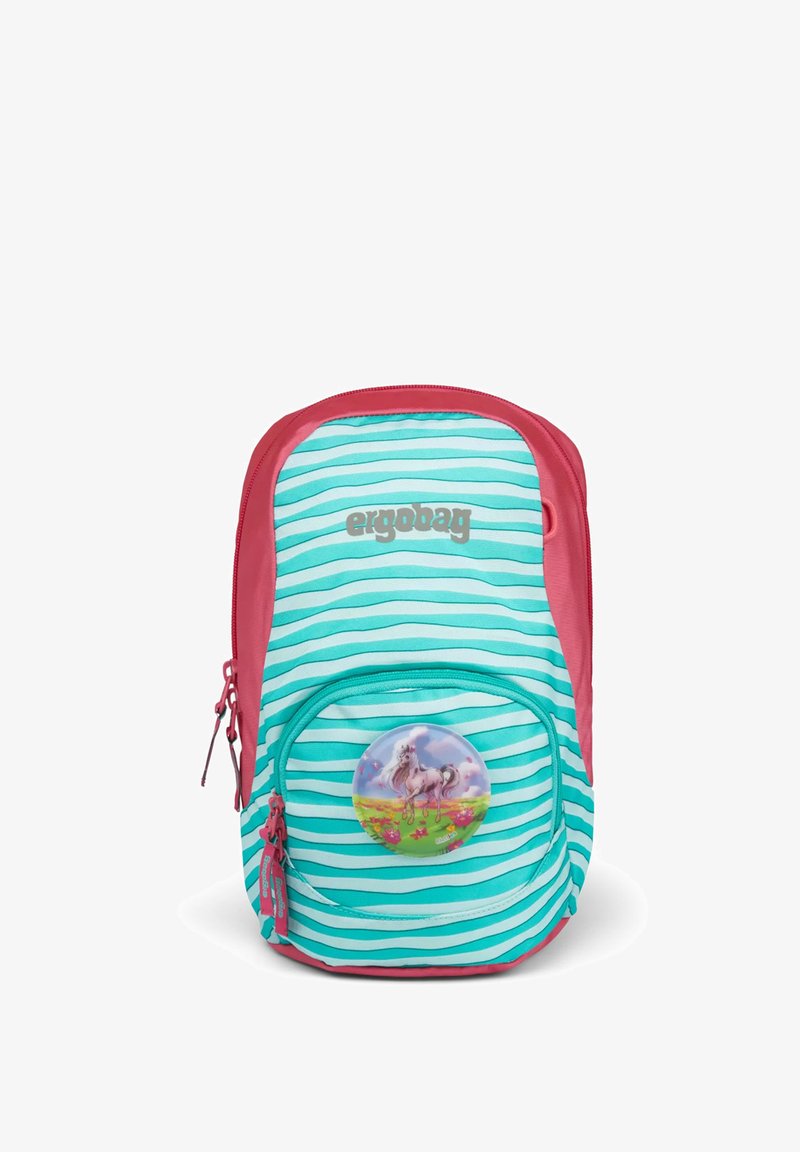 Turquoise striped backpack with pink accents, featuring a circular unicorn graphic on the front pocket and dual zipper pulls.