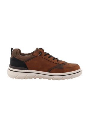 Brun afslappet sneakers med mørke accenter, sorte snørebånd, polstret krave og tyk hvid tekstureret sål, vist fra siden på hvid baggrund.