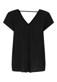 Top corto nero con maniche a sbuffo e scollatura a V, con dettagli sul retro, realizzato in un tessuto morbido e fluido, caratterizzato da una piega sul davanti.