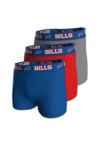 Three pairs of men's boxer briefs: one blue, one red, one gray. Each features a blue elastic waistband with "BILLS" and team logo.
