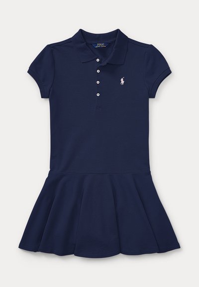 Navy blue short-sleeve polo dress with collar, four buttons, flared skirt, and small white Polo Ralph Lauren logo on chest.