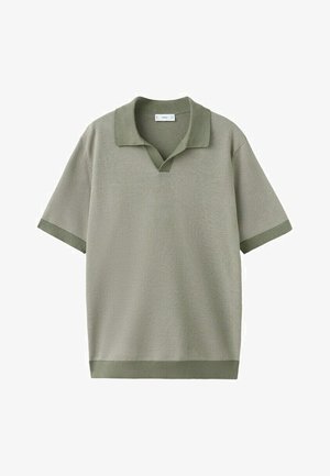 Krátký rukáv olivově zelené pletené polo tričko s límcem a žebrovanými manžetami a lemem.