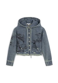 Denim-Hoodie, hellblau mit fransigem Saum. Mit schwarzem gesticktem Landschaftsdesign, vorderen Knöpfen und Kordelzugverschluss.