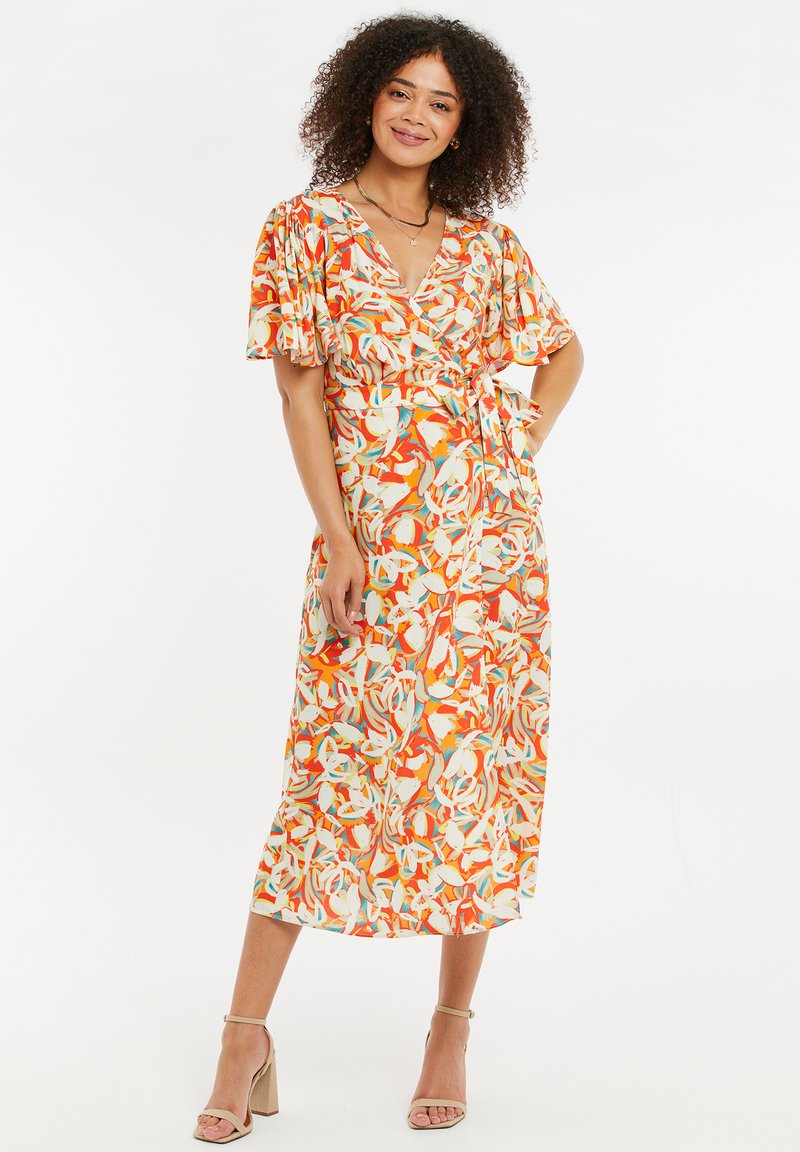 Vestido envolvente floral con mangas cortas abullonadas, escote en V y un patrón en naranja, blanco y azul. Realizado en tejido ligero, diseño de longitud media.