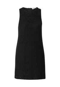 Schwarzes ärmelloses Kleid mit einem strukturierten Muster und geometrischen Designs, Rundhalsausschnitt und einem versteckten Reißverschluss auf der Rückseite.