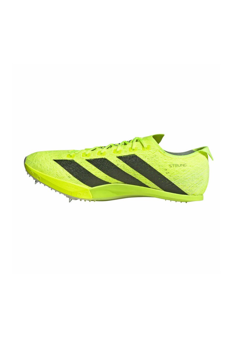 Neon yellow athletic shoe with black stripes, synthetic upper, lightweight design, and visible spikes on the sole for traction.