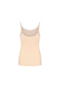 Naadloze nude tanktop met dunne bandjes, een gladde textuur en een aansluitende pasvorm. Kenmerkt zich door een ronde halslijn en een minimalistisch ontwerp.
