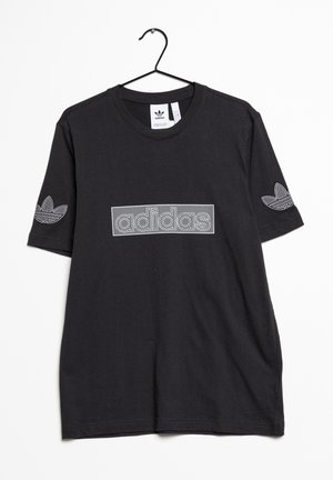 Black cotton t-shirt with short sleeves, featuring a grey embroidered "adidas" logo and small brand logo on the left sleeve.