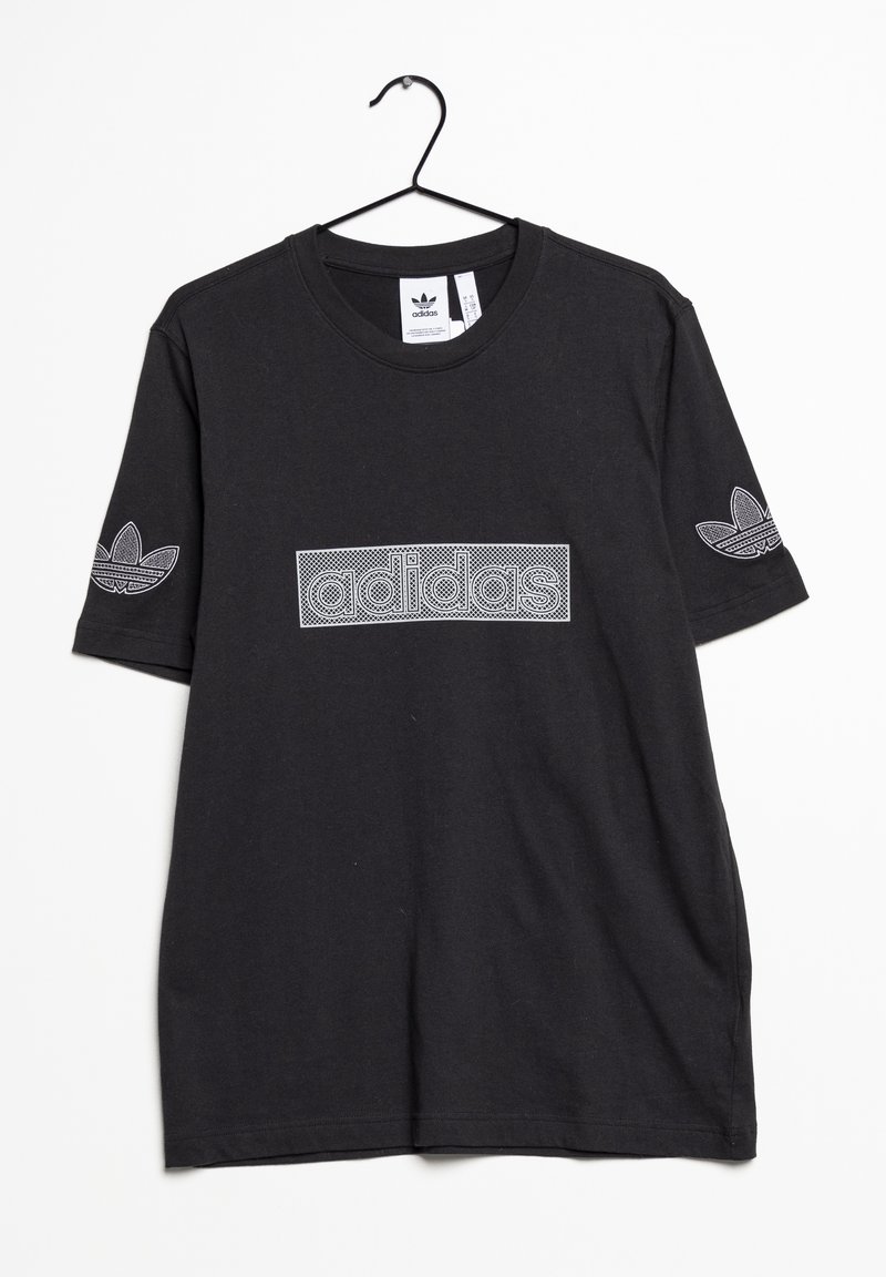 Svart bomullströja med korta ärmar, prydd med en grå broderad "adidas"-logotyp och en liten varumärkeslogotyp på vänster ärm.