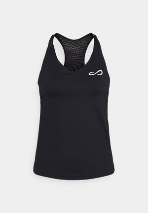 Czarna sportowa koszulka na ramiączkach z siateczkowymi wstawkami na plecach w stylu racerback oraz małym białym symbolem nieskończoności na lewej przedniej części piersi.