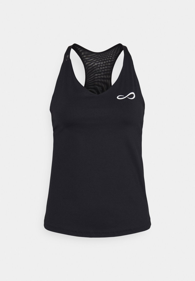 Débardeur de sport noir avec des détails en mesh dos nageur et un petit symbole infini blanc sur la poitrine avant gauche.