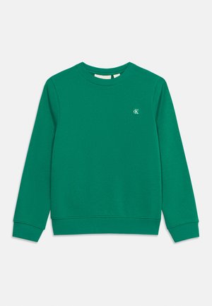 Plain green long-sleeve crewneck sweatshirt with ribbed cuffs and hem, featuring a small white "cK" logo on the chest.