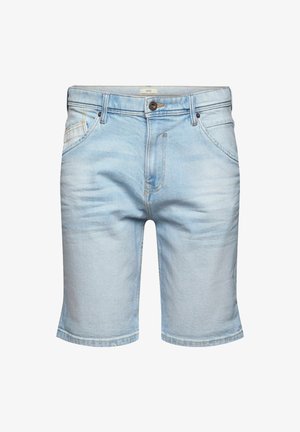 Pantaloncini in denim azzurro chiaro con bottone e zip frontali, passanti per cintura e due tasche anteriori, mostrati su sfondo bianco.