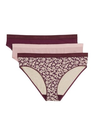 Trois paires de culottes pour femmes : deux unies en rose et bordeaux, et une à motifs floraux sur fond bordeaux. Ceinture élastique.