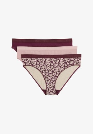 Three pairs of women's briefs: two solid rose and burgundy, and one patterned with flowers on a burgundy background. Elastic waistband.
