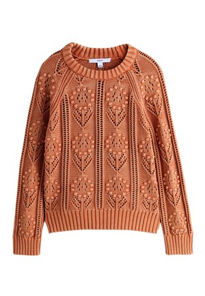  Grob gestrickter Pullover in Rost-Orange mit floralen Spitzenmustern, geripptem Rundhalsausschnitt, Bündchen und Saum, Marke "Next".