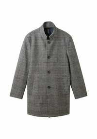 Szary i czarny płaszcz w kratę z wysokim kołnierzem, zapinany na pięć guzików, z bocznymi kieszeniami. Charakteryzuje się usztywnionym krojem i gładką fakturą.
