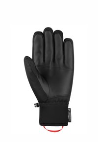 Zwarte handschoenen met een glad leren palm en een geweven stof achterkant. Kenmerken zijn een strakke manchet en een verstelbare band met een rode accent.