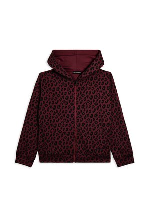 Gilet à capuche zippé bordeaux avec imprimé léopard noir. Présente une capuche, des manches longues et une poche frontale. Fabriqué en tissu doux et texturé.