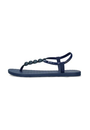 Sandalo basso blu navy con suola testurizzata, cinturino con perline glitterate, fascetta tra le dita e cinturino regolabile alla caviglia.