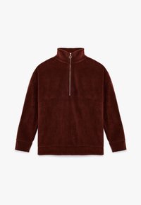 Burgunderfarbener Fleece-Pullover mit hohem Kragen, Reißverschluss und langen Ärmeln. Weicher Stoff und lässige Passform. Keine Muster oder zusätzlichen Akzente.