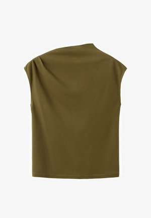 Bluză verde măsliniu cu mâneci scurte, cu un decolteu asimetric unic și textura netedă. Design simplu, croială ajustată, fără ornamente vizibile.