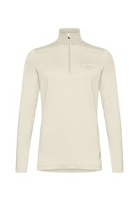 Lichtbeige lange mouw pullover met een halve rits kraag, gladde textuur en een klein logo op de borst. Eenvoudig, functioneel ontwerp.