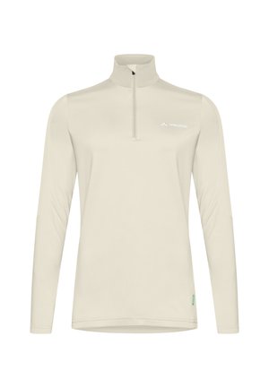 Helle beigen Langarmpullover mit halber Reißverschluss-Kragen, glatter Textur und kleinem Logo auf der Brust. Einfaches, funktionales Design.