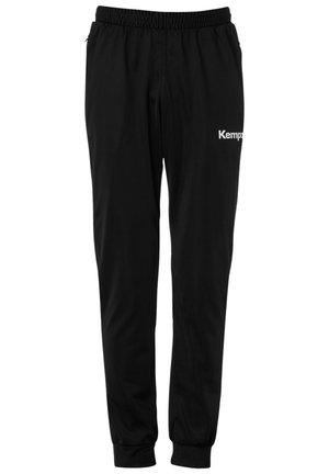 Schwarze Jogginghosen aus synthetischem Stoff, mit einem elastischen Bund, schmal zulaufenden Beinabschlüssen und einem weißen "Kemps"-Logo an der Seite.