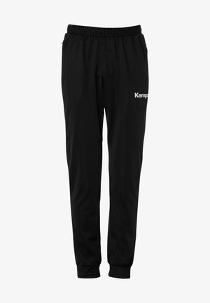 Zwarte joggingsbroek van synthetische stof, met een elastische tailleband, taps toelopende broekspijpen en een wit "Kemps" logo aan de zijkant.