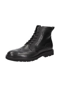 Stivale alla caviglia in pelle nera brogue con perforazioni decorative, lacci frontali e una spessa suola in gomma.