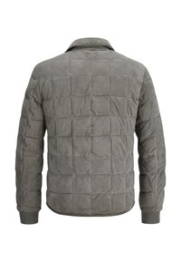 Grau gesteppte Jacke aus weichem Stoff, mit geradem Kragen, langen Ärmeln und gerippten Bündchen, sowie einem Karomuster auf dem Rücken.