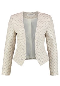 Béžový kratší blazer s dlouhými rukávy, jemným modrým květinovým vzorem, otevřeným předním dílem a úzkým pasem.
